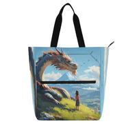 Nexawaveo Multi-Purpose Waterproof Tote Bag with Zipper Cartoon Dog with Flower 600D Oxford Fabric Shopping Bag, Girl and Dragon on Hill Blue, One Size