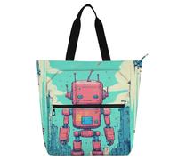 Nexawaveo Multi-Purpose Waterproof Tote Bag with Zipper Highland Cattle Pastoral Green 600D Oxford Fabric Shopping Bag, Retro-futuristic Red Robot Cityscape, One Size