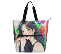 Nexawaveo Multi-Purpose Waterproof Tote Bag with Zipper Monkey Pirate at The Helm 600D Oxford Fabric Shopping Bag, Rainbow Haired Girl, One Size