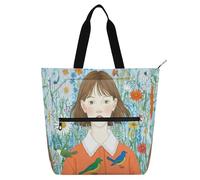 Nexawaveo Multi-Purpose Waterproof Tote Bag with Zipper Monkey Pirate at The Helm 600D Oxford Fabric Shopping Bag, Girl With Birds Blue Flower, One Size