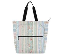 Nexawaveo Multi-Purpose Waterproof Tote Bag with Zipper Mythical Sanxingdui Ornament Dark 600D Oxford Fabric Shopping Bag, Pastoral Floral Stripes White, One Size