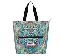 Nexawaveo Multi-Purpose Waterproof Tote Bag with Zipper Mythical Sanxingdui Ornament Dark 600D Oxford Fabric Shopping Bag, Mythical Beast Pattern Multicolor, One Size