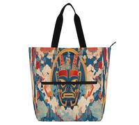 Nexawaveo Multi-Purpose Waterproof Tote Bag with Zipper Mythical Sanxingdui Ornament Dark 600D Oxford Fabric Shopping Bag, Mythical Sanxingdui Mask Blue, One Size