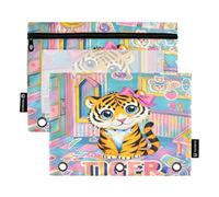 Nexawaveo Playful Tigers Multicolor 2Pack Pencil Pouch Set for 3 Ring Binder Smooth Zipper with Clear PVC Window Pencil Case for School Supplies