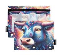 Nexawaveo Psychedelic Highland Cow Vivid 2Pack Pencil Pouch Set for 3 Ring Binder Smooth Zipper with Clear PVC Window Pencil Case for School Supplies