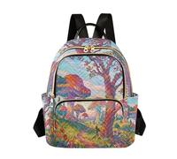 Nexawaveo Quilted Backpack for Women Carry-On 14 Inch Laptop bag Lightweight Work Daypack Blue Peacock Dark Navy, Mushroom and Trees, M, Rucksack Backpacks