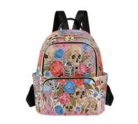 Nexawaveo Quilted Backpack for Women Carry-On 14 Inch Laptop bag Lightweight Work Daypack Ornate Traditional Pattern Blue, Red Blue Floral Skeletons, M, Rucksack Backpacks