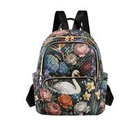 Nexawaveo Quilted Backpack for Women Carry-On 14 Inch Laptop bag Lightweight Work Daypack Retro Swan Flowers, Retro Swan Flowers, S, Rucksack Backpacks