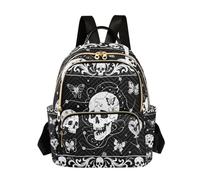 Nexawaveo Quilted Backpack for Women Carry-On 14 Inch Laptop bag Lightweight Work Daypack Retro Swan Flowers, Skull Black Butterfly, S, Rucksack Backpacks