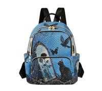 Nexawaveo Quilted Backpack Women 14 Inch Lightweight Daypack Classic Portrait Kitten Art, Black Cat and Bird Rose Navy, S