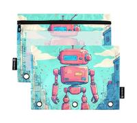 Nexawaveo Red Robot in Cityscape 2Pack Pencil Pouch Set for 3 Ring Binder Smooth Zipper with Clear PVC Window Pencil Case for School Supplies
