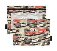 Nexawaveo Retro Emergency Vehicles 2Pack Pencil Pouch Set for 3 Ring Binder Smooth Zipper with Clear PVC Window Pencil Case for School Supplies