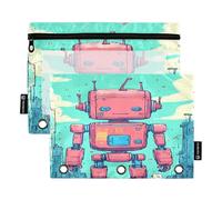 Nexawaveo Retro-futuristic Red Robot Cityscape 2Pack Pencil Pouch Set for 3 Ring Binder Smooth Zipper with Clear PVC Window Pencil Case for School Supplies