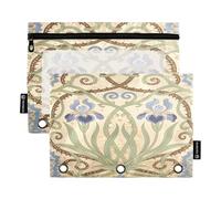 Nexawaveo Retro Iris Flower Beige 2Pack Pencil Pouch Set for 3 Ring Binder Smooth Zipper with Clear PVC Window Pencil Case for School Supplies