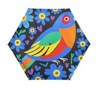Nexawaveo Small Windproof Travel Umbrella Colorful Bird Among Blue Flowers Compact Light Automatic Folding Rain and Sunny Umbrella