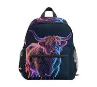 Nexawaveo Toddler Backpack Kids Preschool Daypack Kindergarten Backpacks with Name Tag for Boys Girls, Neon Dot Highland Cow Portrait, M, Daypack Backpacks