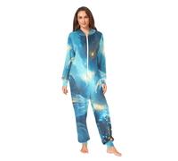 Nexawaveo Ultra Soft Fleece Onesie Pajama for Adults Cozy Hooded Footed Full Body Jumpsuit with Pocket, Cosmic Abstract Blue Gold, S
