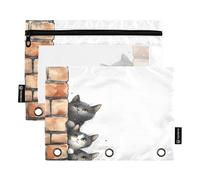 Nexawaveo Watercolor Cats Peeking From Wall 2Pack Pencil Pouch Set for 3 Ring Binder Smooth Zipper with Clear PVC Window Pencil Case for School Supplies