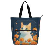 Nexawaveo Waterproof Piano Bag for Lessons Cartoon Unicorns Donuts Music Tote with Zipper Pockets for Sheet Music & Books, Cute Cat Orange Flowers, One Size