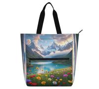 Nexawaveo Waterproof Piano Bag for Lessons Lake Scene with Colorful Flowers Music Tote with Zipper Pockets for Sheet Music & Books