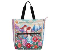 Nexawaveo Waterproof Piano Bag for Lessons Sketch Elephant Blue Music Tote with Zipper Pockets for Sheet Music & Books, Women in Flowers Cityscape, One Size