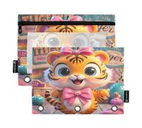 Nexawaveo Whimsical Tigers Orange 2Pack Pencil Pouch Set for 3 Ring Binder Smooth Zipper with Clear PVC Window Pencil Case for School Supplies