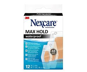 Nexcare Max Hold Waterproof Plasters, Assorted Sizes, 12 Plasters per Pack, Breathable and Waterproof for Minor Wounds, Scratches, Bandages for First Aid Kits
