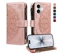NEXCURIO Wallet Case for Apple iPhone 17, Embossed Mandala PU Leather Flip Cover with 9 Card Slots, Zipper Coin Pocket & Wrist Strap, Folio Phone Case with Kickstand - Rose Gold