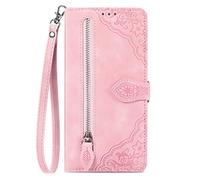 NEXCURIO Zip Wallet Case Compatible with Samsung Galaxy A34 5G Phone Case Wallet with Credit Card Holder Strap Stand Women Leather Flip Case Floral Folding Cover Shockproof - Pink