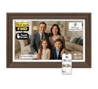 NexFoto Touchscreen Digital Picture Frame 15.6'', FHD WiFi Digital Photo Frame, Wood Electronic Frame 64GB, Add Pics from Google Photos, Share Videos via APP/USB, for Mom/Grandparents/Birthday, Walnut