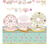 Nexhyp 99pcs Afternoon Tea Decorations Vintage Floral Disposable Paper Plates Tablecloth Napkins Set for Mother's Day, Baby Shower Wedding Garden Party Tableware