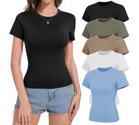 NexiEpoch 5 Pack T Shirts for Women - Crew Neck Short Sleeve Crop Tops Plain Casual Basic Tees Fitted Clothes Cute Y2K Outfit, Black/White/Khaki/Olive Green/Haze Blue, L