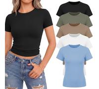 NexiEpoch 5 Pack T Shirts for Women Short Sleeve Crop Tops Fitted Basic Tee, Black/White/Khaki/Olive Green/Haze Blue, L