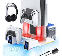 NexiGo PS5 Accessories Stand with RGB Light and Dual Controller Charger Station for Playstation 5 Console, Upgraded Multifunctional Stand with Charging Dock, 10 Game Slots, White