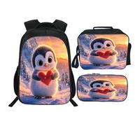 Neximag Cute Penguin Backpack 3 PCS Set for Girls Boys Kids, Penguin School Bag with Lunch Box Pencil Case, Lightweight Bookbag for Elementary Middle School