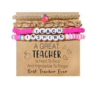 Nexoluxa Teacher Bracelet for Women Appreciation 2 Pcs Heart Mrs Miss Ms Teacher Thank You TEACH Gifts with Card Student Friends Gift for Teachers, Adjustable, no gemstone