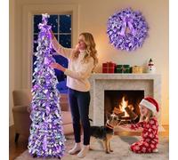 NEXSTRON 2025 New 5ft Christmas Tree with 1.5ft Wreath, Purple Snow Flocked Christmas Tree with 150 Multi-color LED Lights, Dreamy Pop up X-Mas Tree Easy Assembly for Holiday Indoor Xmas Home Decor