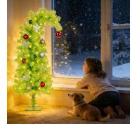 NEXSTRON 3Ft Christmas Tree with 17 Christmas Ornament / 150 LED Warm White Lights/SS Base, Christmas Decorations Whimsical Green, Bendable DIY Pine Tree Whoville Decorations