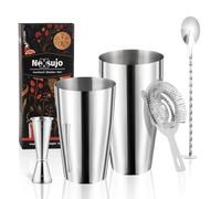 Nexsujo Boston Cocktail Shaker Set, 4-Piece Bar Tools Set, Professional Bar Set with Boston Shaker, Bar Spoon, Jigger, Hawthorne Strainer, Stainless Steel, Dishwasher Safe, Ideal Bartender Kit for Bar