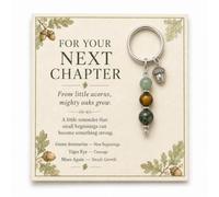 Next Chapter Crystal Keychain with Inspirational Card - Green Aventurine, Tiger Eye, Moss Agate Healing Stone Keyring, Acorn Charm Gift for New Beginnings, Graduation, Promotion, Encouragement, Cowork