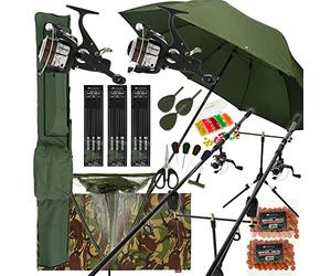 Next Generation Tackle Deluxe Complete Carp Fishing Set With 2 x Rods Reels Pod Alarms 42'' Net Bite Alarms Boilies Tackle, Black, L