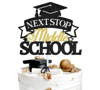 Next Stop Middle School Cake Topper, Congrats Grad, Goodbye Elementary School, Class of 2025 5th Grad Grade Graduation Party Decorations Supplies,Black and Gold Glitter
