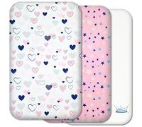 Next to Me Crib Sheets - 3pc Baby Bed Set with 2 Fitted Sheets and 1 Waterproof Mattress Protector - 100% Organic Cotton Fitted Crib Sheet - Selemavi Baby Sheets (Pink Hearts and Stars, 50x83 cm)