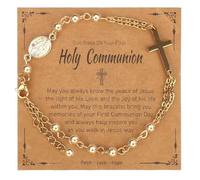 NextArt First Holy Communion Pearl Bracelet with Virgin Mary Medal and Cross, Gold Chain Religious Gift for Girls, One Size, Gold-plated Metal Plastic, no gemstone