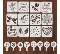 Nextpal 20 Pcs Stencils for Cake Decorating and Sourdough Bread, Hand Coffee Stencils and Reusable Baking Stencil Set with Wheat and Heart Designs, Suitable for Bread Bakers and Coffee Lovers