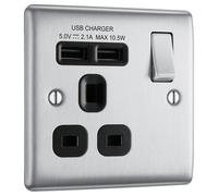 Nexus Metal Brushed Steel Single Switched 13A Power Socket With Usb Charging - 2X Usb Sockets (2.1A) NBS21U2B-01