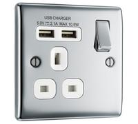 Nexus Metal Polished Chrome Single Switched 13A Power Socket With Usb Charging - 2X Usb Sockets (2.1A) NPC21U2W-01