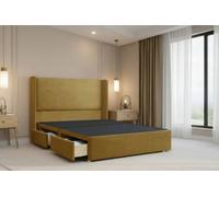 Nexus Portofino Mustard Plush Divan Bed Base 2 Drawers Foot-End With 54" Floor Standing Winged Headboard 5' King