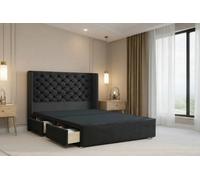 Nexus Windsor Black Plush Divan Bed Base 2 Drawers Foot-End With 54" Floor Standing Winged Headboard 4' Small Double