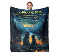 NEXVSGL Grandson Gifts Blanket from Grandma/Grandpa, Christmas/Xmas Valentines Day Graduation Birthday Gifts for/to My Grandson Blanket from Grandma 60"×50" with Inspiring Messages and Wolf Printed